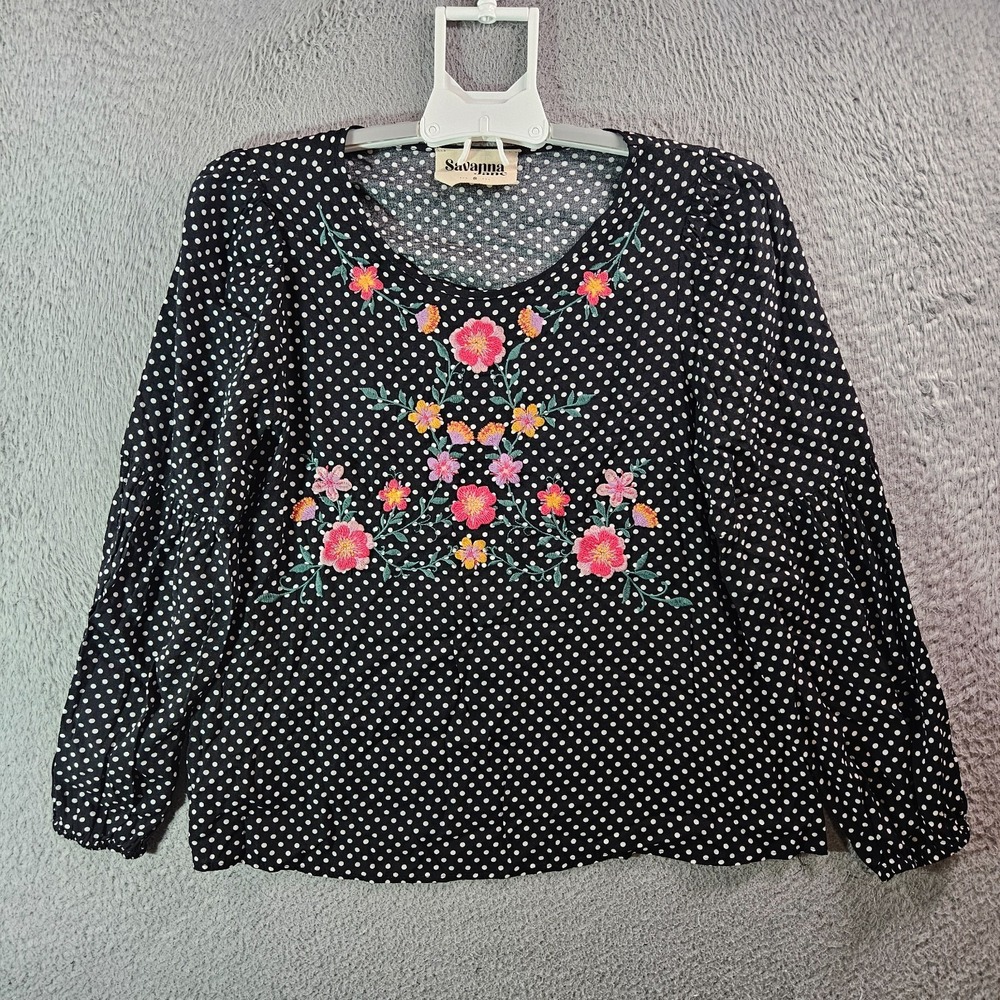 NEW Savanna Jane Embroidered Top Blouse Women Small Floral Polka Dot Black White